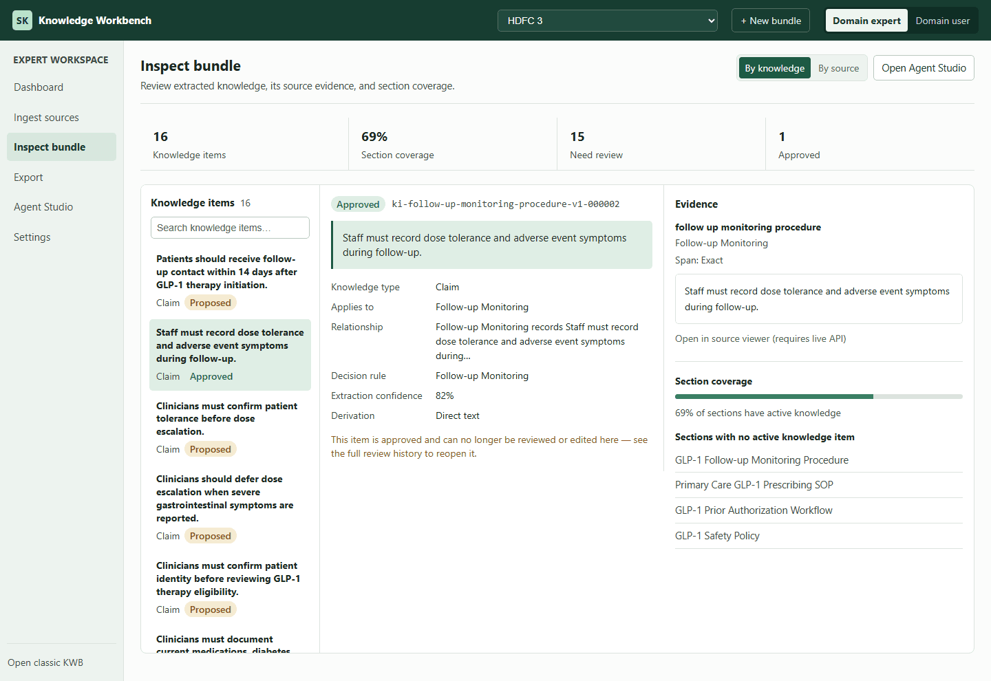 Knowledge Layer for Agents review screen showing an extracted claim, its source evidence, and review actions